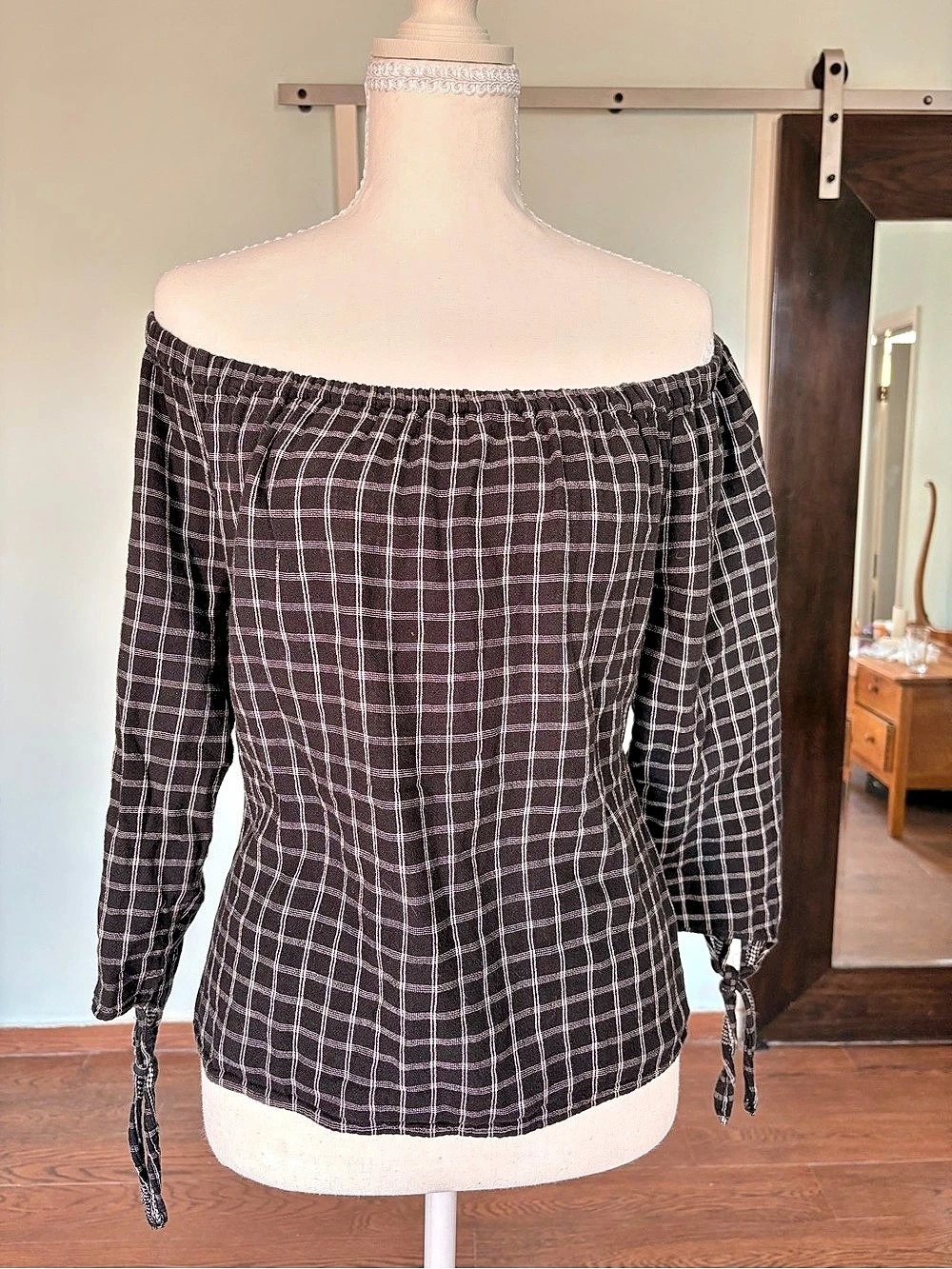 Madewell Off-the-Shoulder Grid Print Top Plaid Cotton Black & White Small